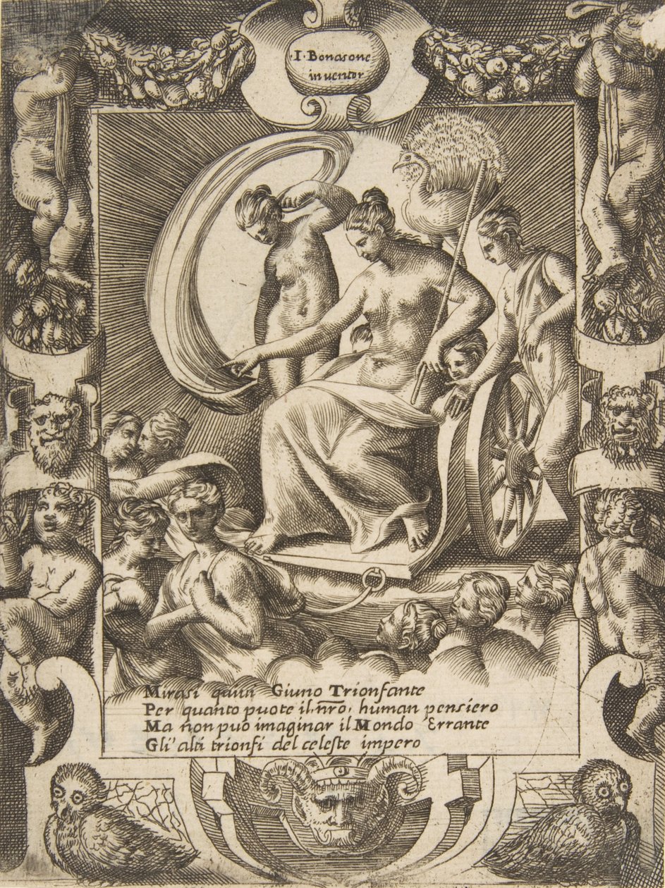 انتصار جونو الذي جلس في عربة ، داخل إطار مفصل ، من '... ، 1531-1576. بواسطة جوليو بوناسون