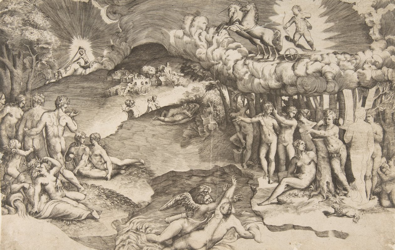 انتصار الحب ، كيوبيد يركب عربة رسمها يونيكورن في أعلى اليمين ، عارياً ... ، 1545. بواسطة جوليو بوناسون
