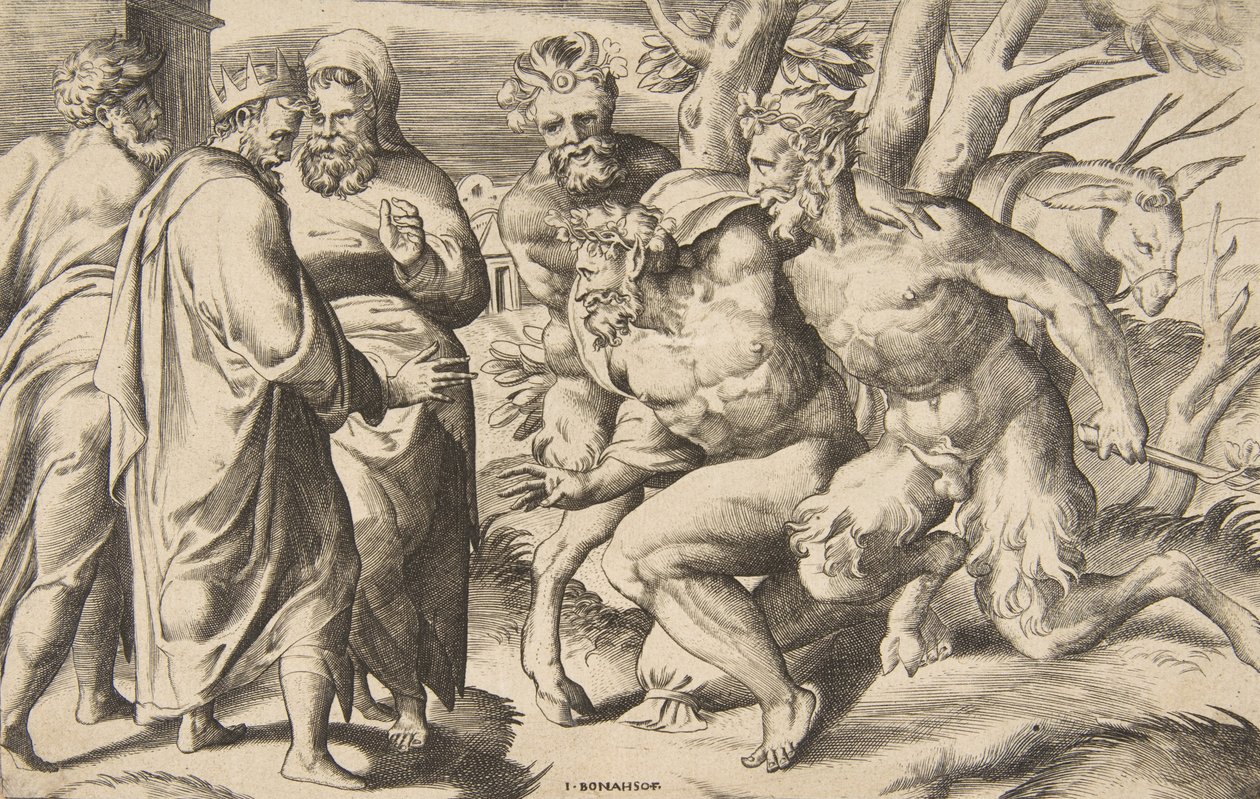 شاتان يجلبان Silenus King Midas واقفاً على اليسار ، 1531-1576. بواسطة جوليو بوناسون