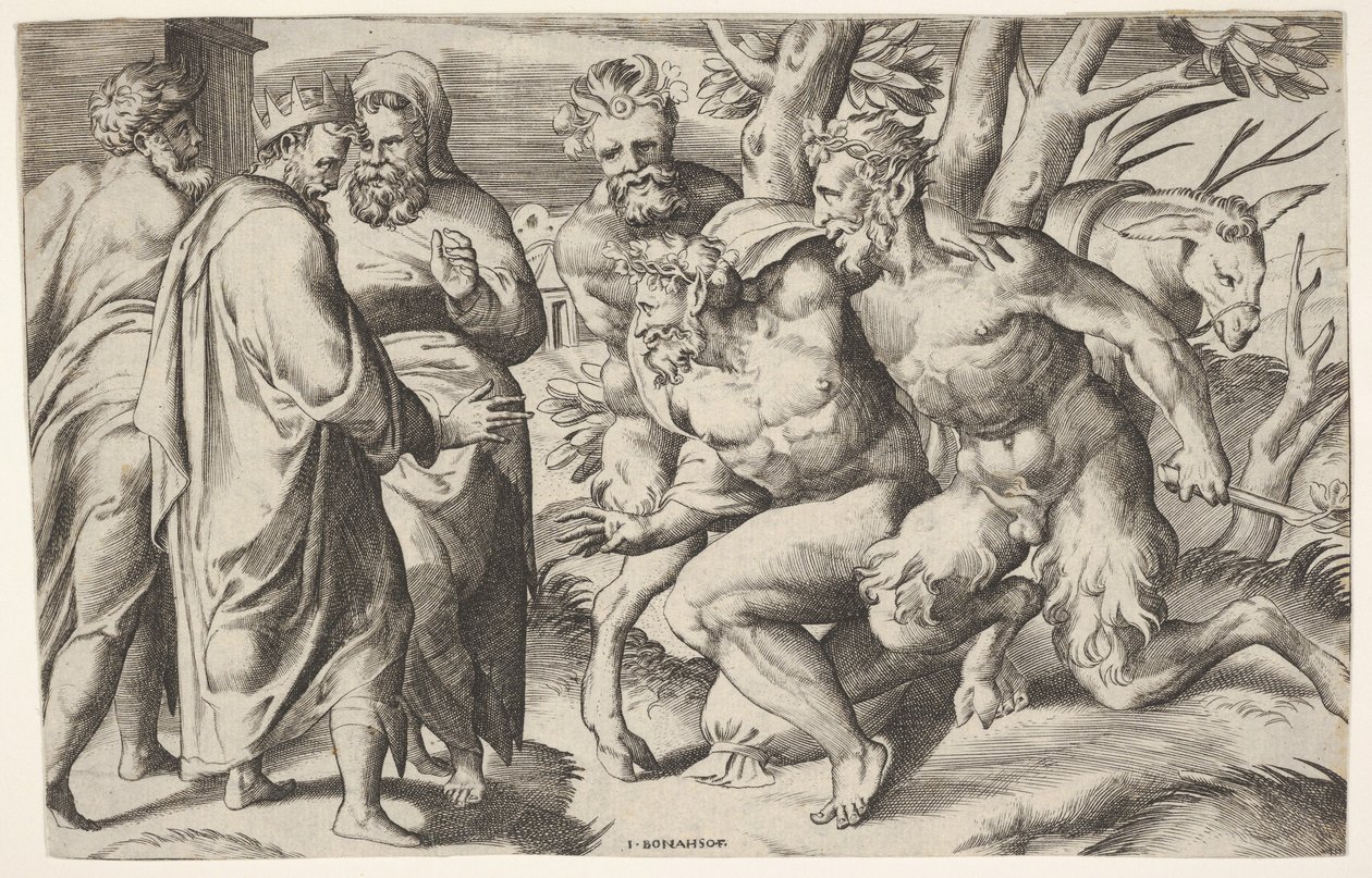 اثنان من المشجعين يقودان Silenus إلى الملك ميداس ، الذي يقف على اليسار مع حضور اثنين من الذكور ... ، كاليفورنيا. 1550-80. بواسطة جوليو بوناسون