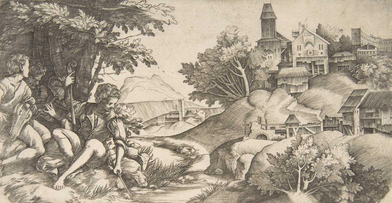 إلى اليسار أربعة رعاة بآلات موسيقية جالسين تحت مجموعة من الأشجار ... ، كاليفورنيا. 1517 بواسطة جوليو كامبانيولا