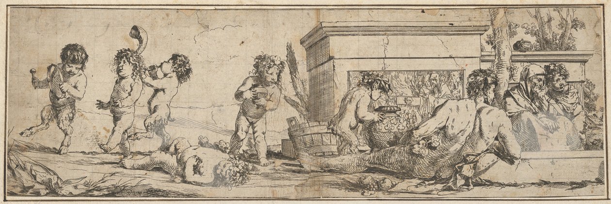 باشانال مع ساتير رضيع وبوتي على اليسار ، شكل ذكر عاري يتكئ أمام ... ، 1633-1678. بواسطة جوليو كاربيوني