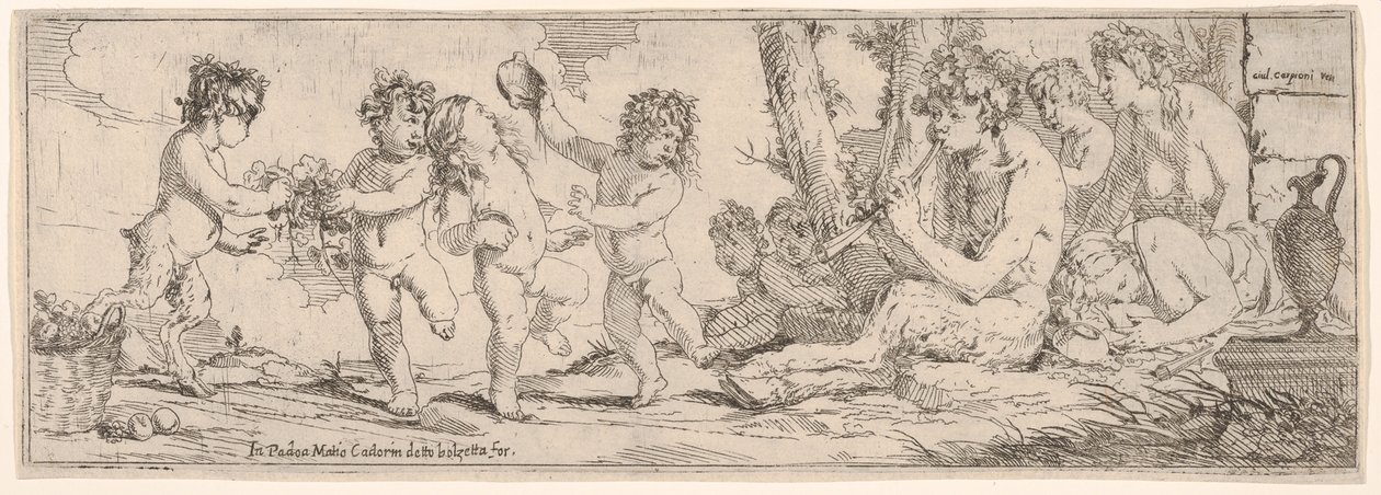 باشانال مع الساتير يعزف على العود ويحيط به أربع شخصيات ، يتطلعون نحو ... ، 1640-60. بواسطة جوليو كاربيوني