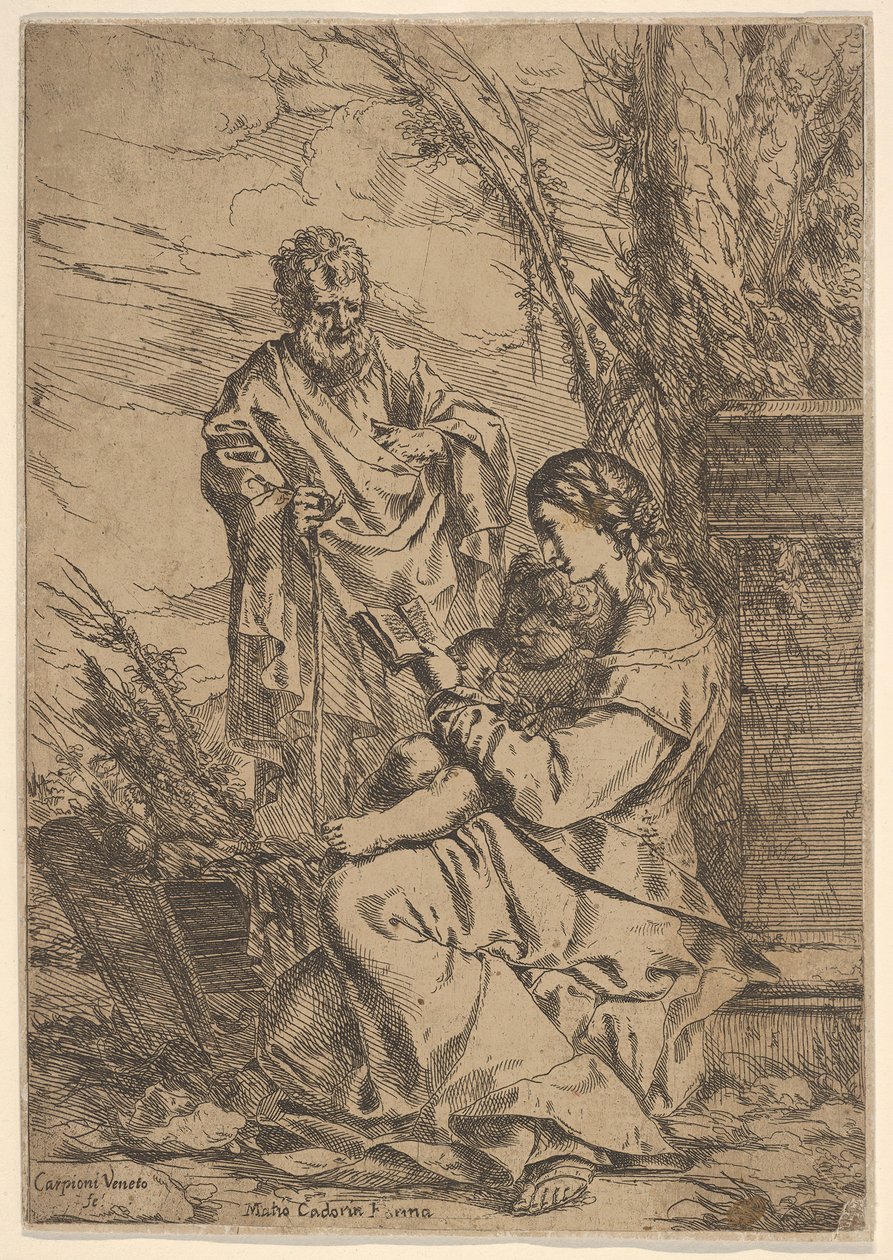 العائلة المقدسة مع قراءة العذراء ، تجلس العذراء في الملف الشخصي مع كتاب في يسارها ... ، 1640-60. بواسطة جوليو كاربيوني
