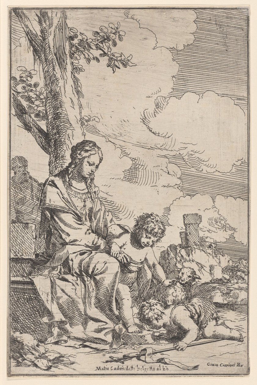 العائلة المقدسة مع الرضيع القديس يوحنا يقبلان قدمي المسيح ، 1640-60. بواسطة جوليو كاربيوني