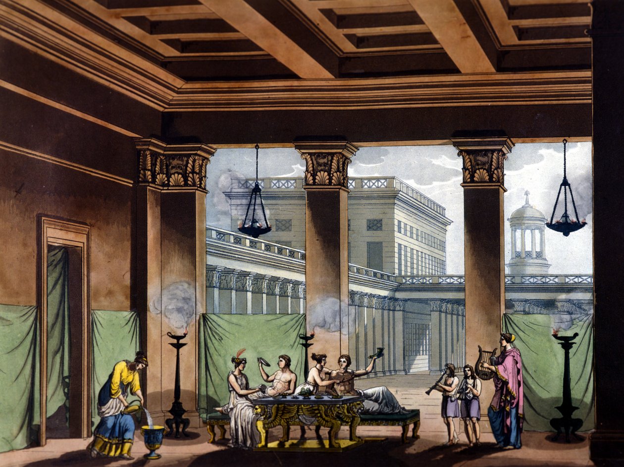 مصابيح زيتية مضاءة من Triclinium في اليونان القديمة: مشهد مأدبة - في الزي القديم والحديث لـ Jules Ferrario ، محرر. ميلان بواسطة جوليو فيراريو