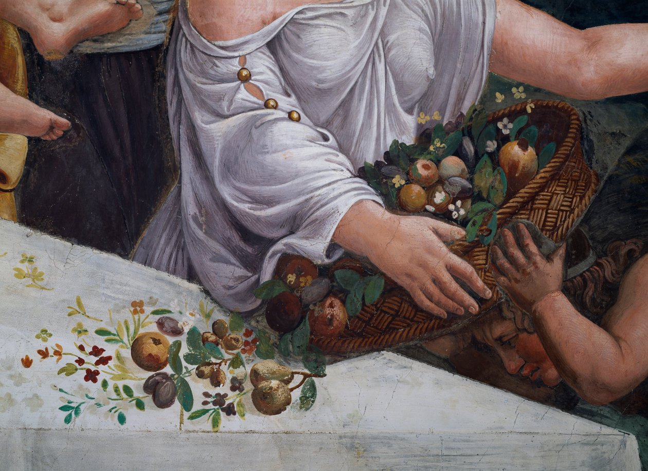 سلة من الفاكهة والزهور ، تفاصيل مأدبة ريفية تحتفل بزواج كيوبيد والنفسية من Sala di Amore e Psiche ، 1528 فريسكو التفاصيل 78427 بواسطة جوليو رومانو