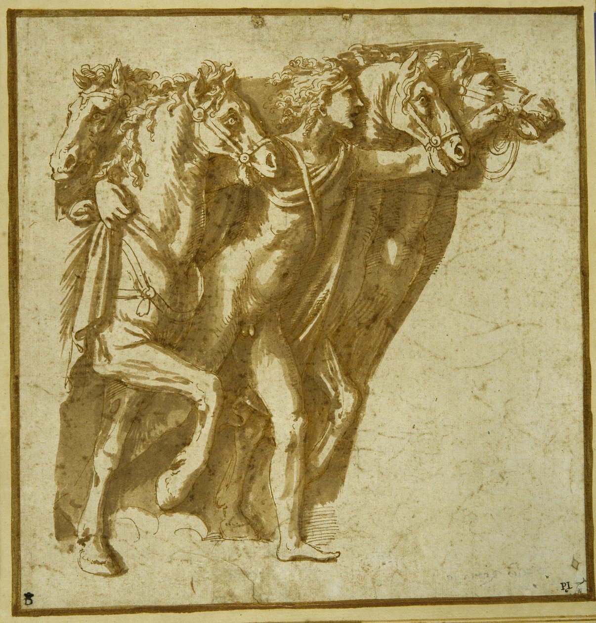 Dawn: Apollo with the Horses of the Sun (قلم وحبر بني مع غسل على الورق) بواسطة جوليو رومانو