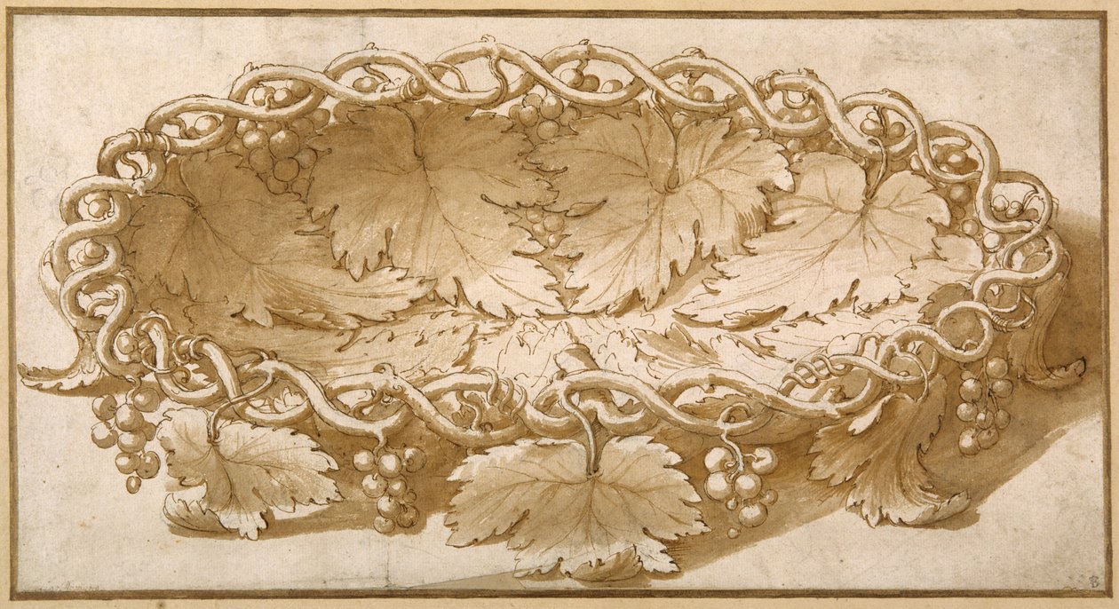Design for an oval fruit bowl, with vine tendrils, leaves and grapes (pen & brown ink with brown wash on paper) بواسطة جوليو رومانو