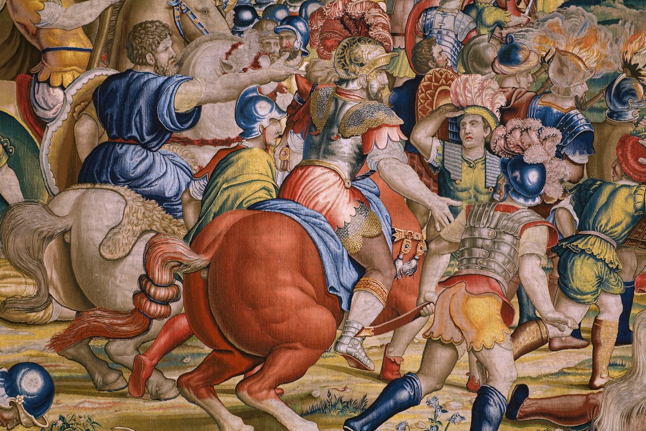 نسيج فلمنكي. مسلسل The Acts of Scipio: The Battle at Zama. رسام الكاريكاتير جوليو رومانو. أتيليه بالتازار فان فلايردين (؟) ، بروكسل. 1523-1532. التفاصيل. بواسطة جوليو رومانو