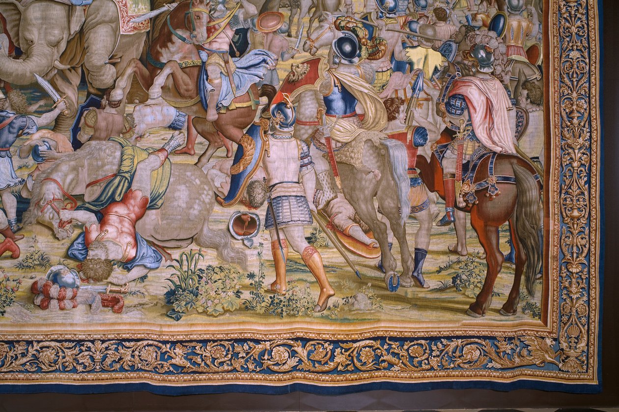 نسيج فلمنكي. مسلسل The Acts of Scipio: The Battle at Zama. رسام الكاريكاتير جوليو رومانو. أتيليه بالتازار فان فلايردين (؟) ، بروكسل. 1523-1532. التفاصيل. بواسطة جوليو رومانو