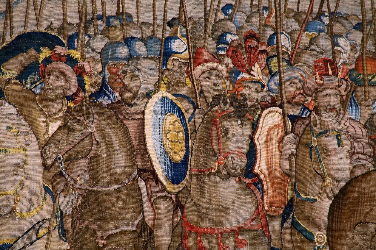 نسيج فلمنكي. مسلسل The Acts of Scipio: The Battle at Zama. رسام الكاريكاتير جوليو رومانو. أتيليه بالتازار فان فلايردين (؟) ، بروكسل. 1523-1532. التفاصيل. بواسطة جوليو رومانو