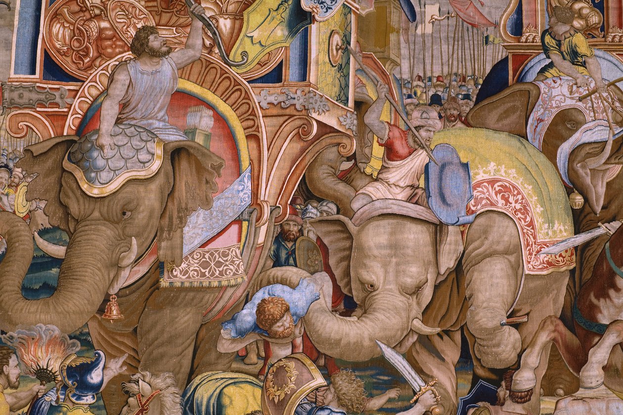 نسيج فلمنكي. مسلسل The Acts of Scipio: The Battle at Zama. رسام الكاريكاتير جوليو رومانو. أتيليه بالتازار فان فلايردين (؟) ، بروكسل. 1523-1532. التفاصيل. بواسطة جوليو رومانو