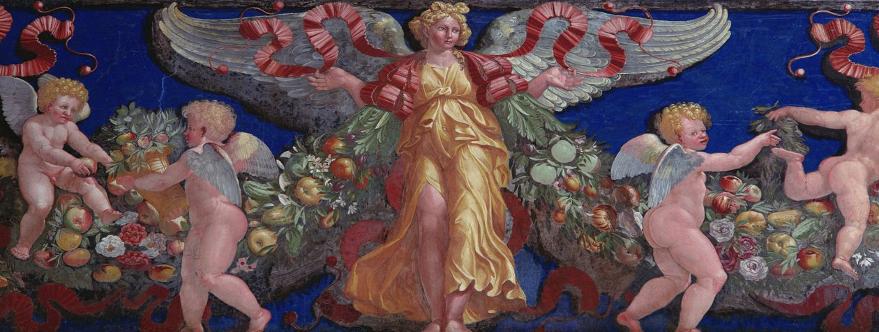 إفريز من الكاميرا con Fregio di Amorini Chamber of the Cupid Frieze تفاصيل ملاك في فستان ذهبي بأجنحة منتشرة ، لوحة جدارية من عشرينيات القرن الخامس عشر بواسطة جوليو رومانو