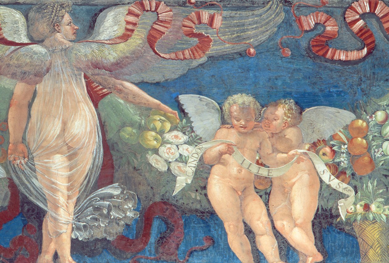 إفريز من الكاميرا مع غرفة Fregio di Amorini في كيوبيد إفريز التفاصيل من اثنين من المعجون والملاك ، تفاصيل جدارية من 1520s من 106218 بواسطة جوليو رومانو