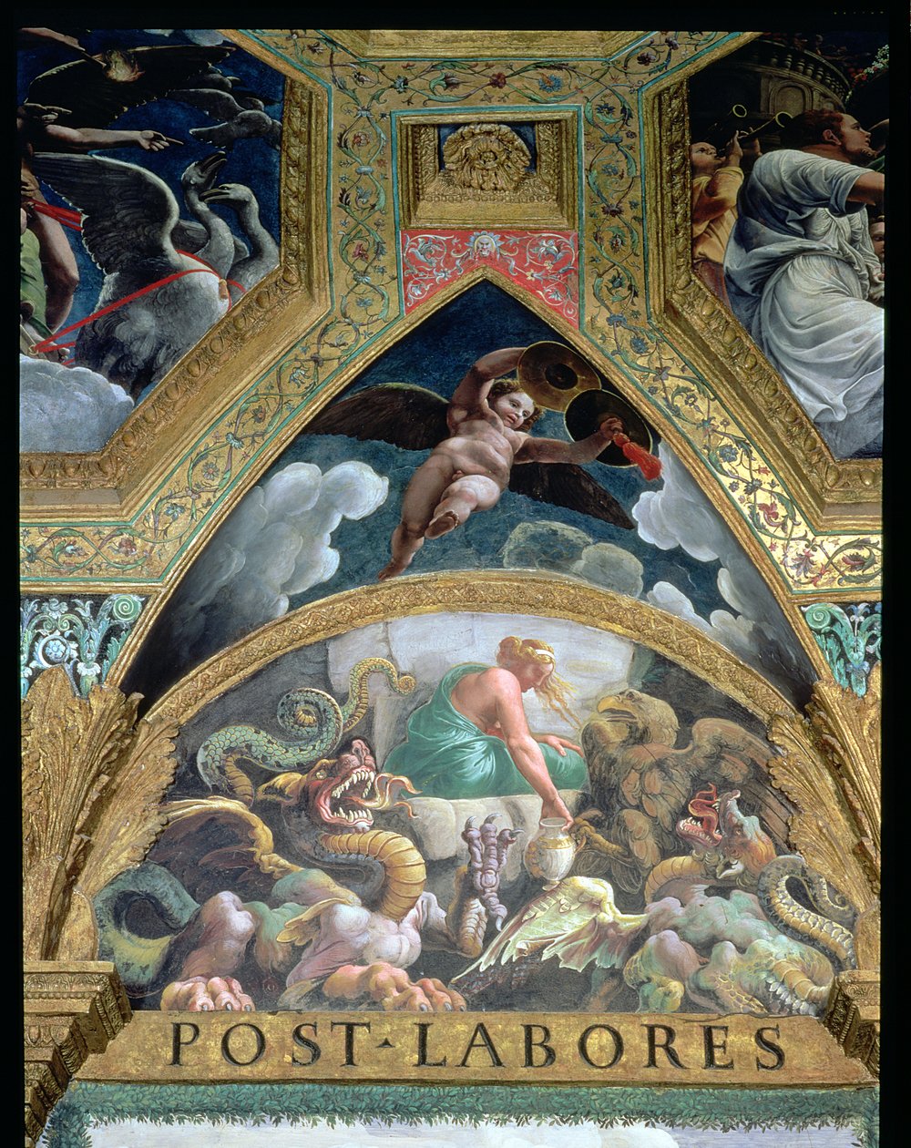 Lunette يصور Psyche القيام بمحنة من قبل فينوس لاسترداد جرة تحتوي على جمال بروسربين ، من Sala di Amore e Psiche ، 1528 تفاصيل جدارية 78427 بواسطة جوليو رومانو