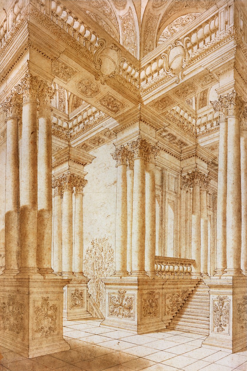 دراسة معمارية (قلم وحبر بني مع غسيل بني على ورق) بواسطة جوزيبي بيبيينا
