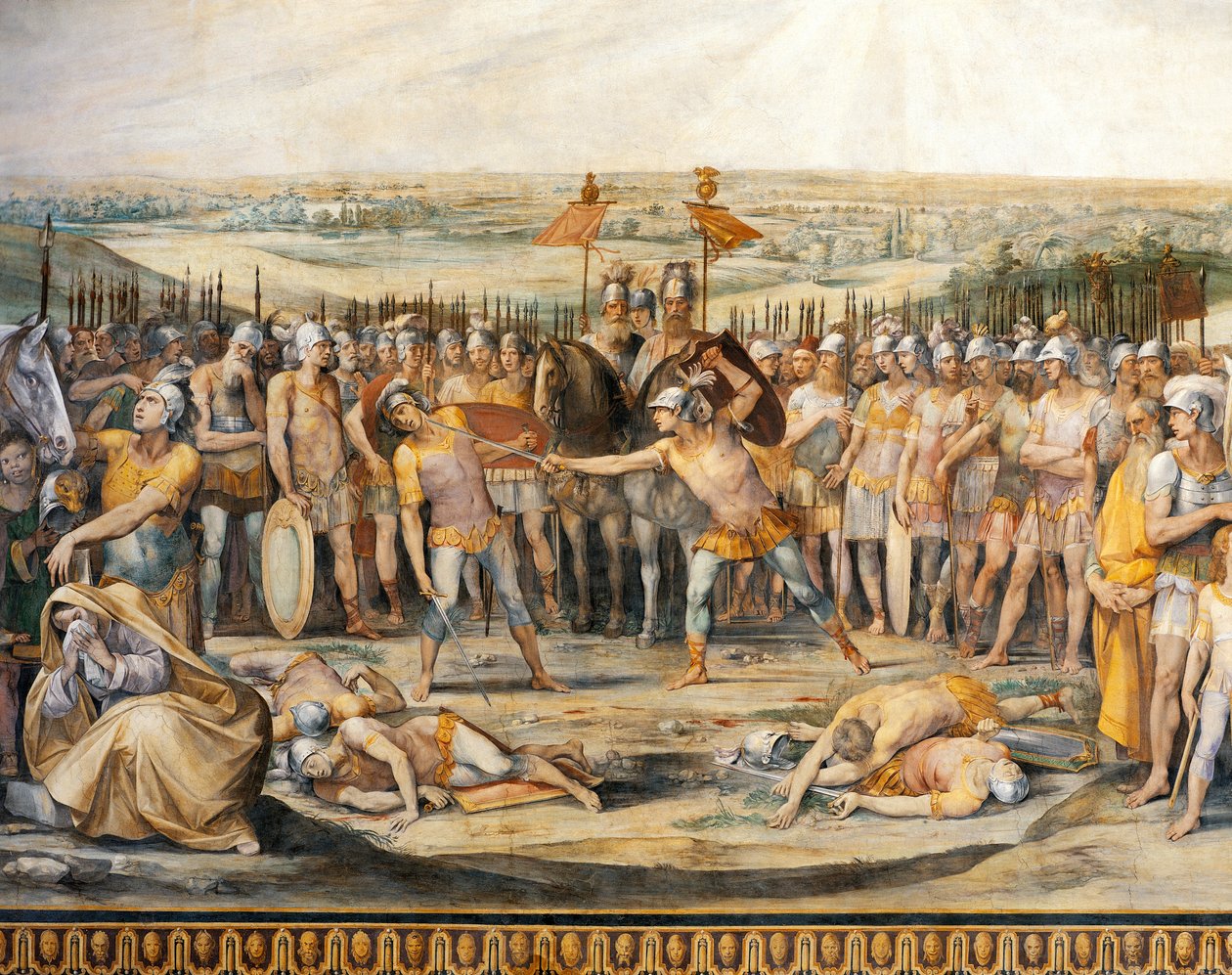 القتال بين Horatii و Curiatii ، بواسطة جوزيبي سيزاري (1568-1640) ، لوحة جدارية ، Hall of Horatii and Curiatii ، قصر المعاهد الموسيقية ، روما ، المملكة الرومانية ، إيطاليا بواسطة جوزيبي سيزاري