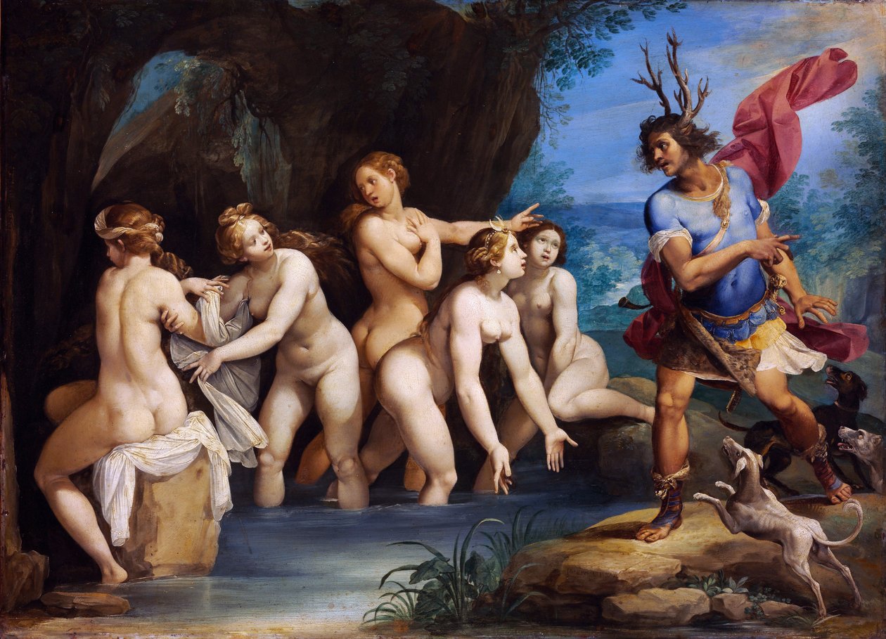 ديانا وأكتايون - رسم لجوزيبي سيزاري (1568-1640) ، زيت على نحاس ، حوالي 1604 ، 50 × 69 سم - ديانا وأكتايون ، زيت على النحاس لجوزيبي سيزاري - زيبموفسزيتي موزيوم ، بودابست بواسطة جوزيبي سيزاري