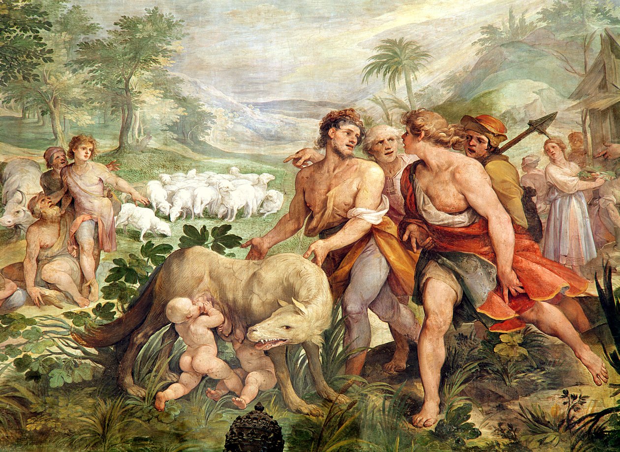 رضع رومولوس من قبل ذئب ، من Sala dei Horatii e Curacii (في الهواء الطلق) بواسطة جوزيبي سيزاري