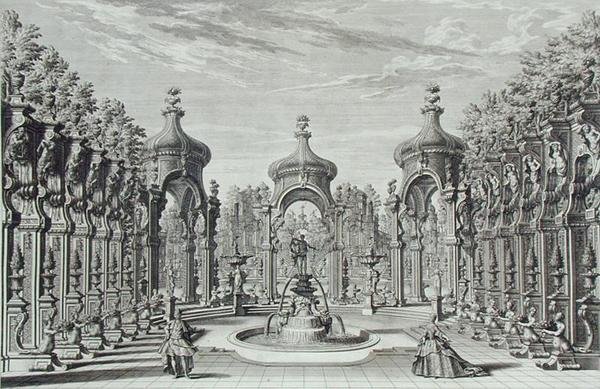 تصميم للترفيه في حديقة ، من "Architectus Theatralis Primarius" ، نقش بواسطة Johann Andreas Pfeffel (1674-1748) ، نُشر عام 1740 (نقش) بواسطة جوزيبي بيبيينا