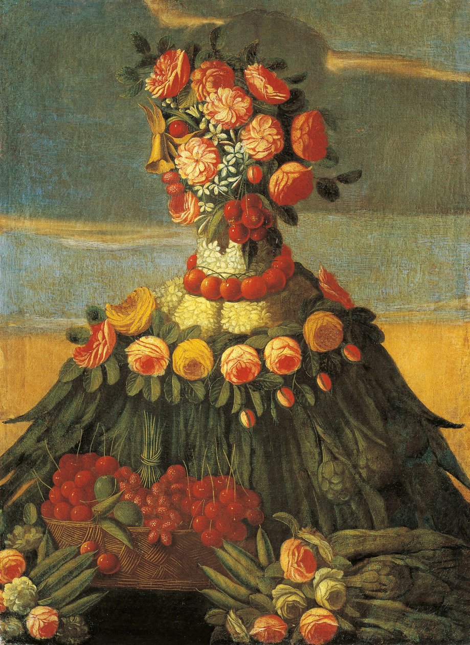 Italy, Florence, The Spring, basket of cherries with flowers بواسطة جوزيبي (من أتباع) Arcimboldo