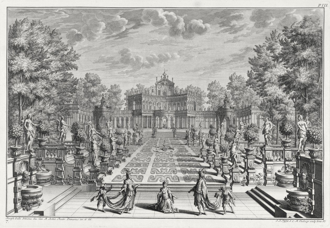 إعداد أوبرا في حديقة ، من Architectus Theatralis Primarius ، نقشها Johann Andreas Pfeffel (1674-1748) ، تم نشره عام 1740 بواسطة جوزيبي بيبيينا