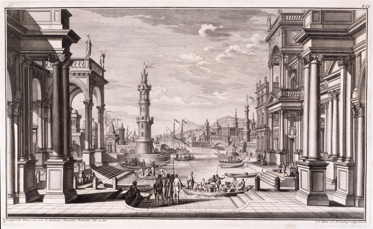 ميناء صغير مع أعمدة على الطراز الباروكي ، من "Architectus Theatralis Primarius" ، تم نشره عام 1740 بواسطة جوزيبي بيبيينا