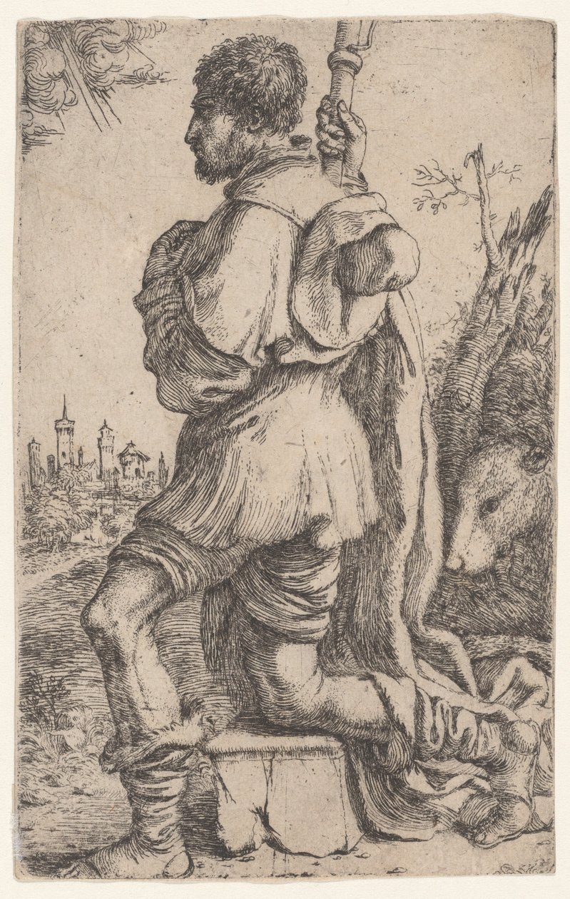 القديس روش ، راكعًا على حجر ، يُرى من الجانب مع كلبه خلفه ... ، 1620-30. بواسطة جوزيبي كاليتي
