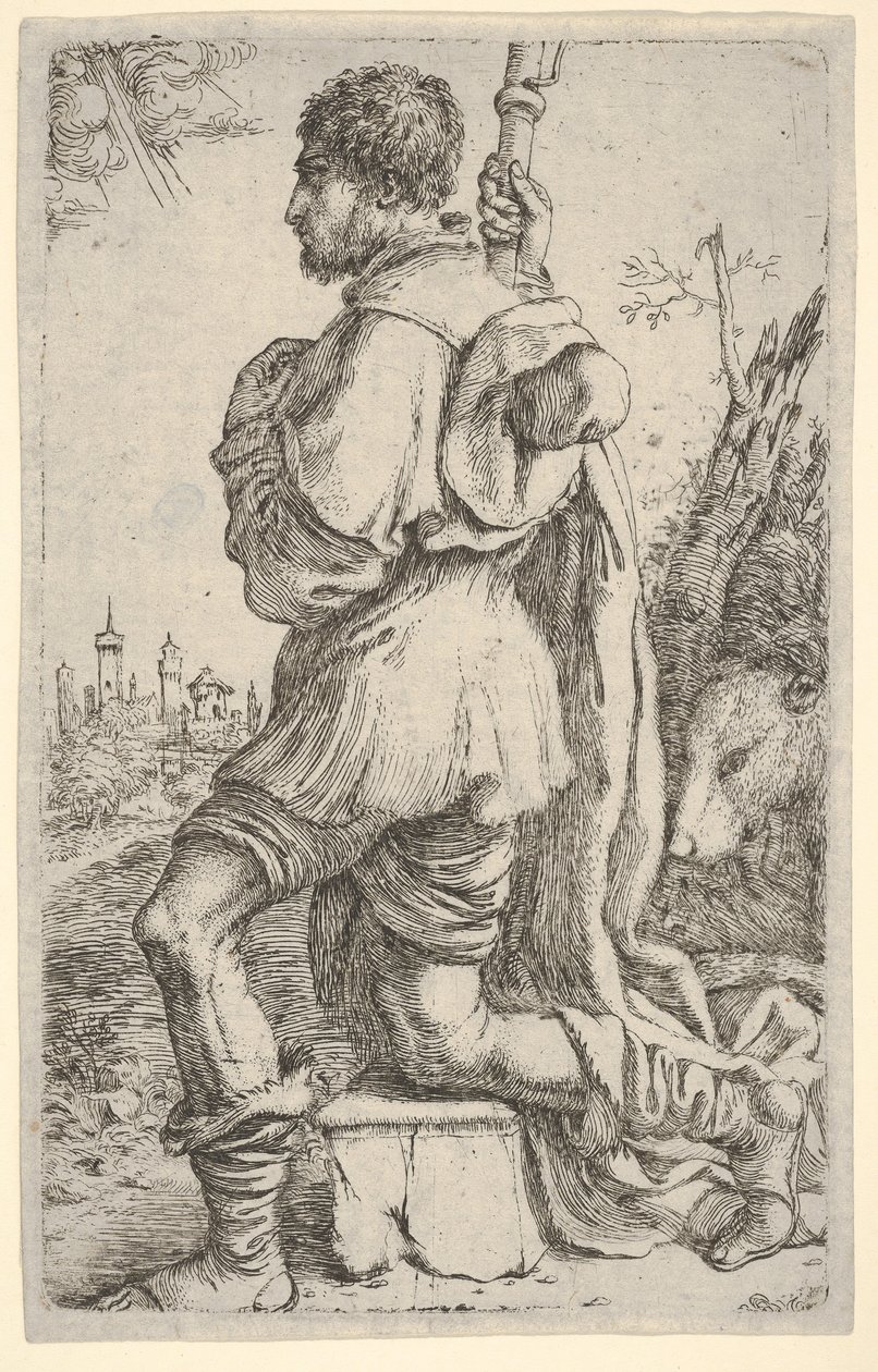 القديس روش راكعًا على حجر ، من جانبه مع كلبه خلفه وبلدات ... ، 1620-30. بواسطة جوزيبي كاليتي
