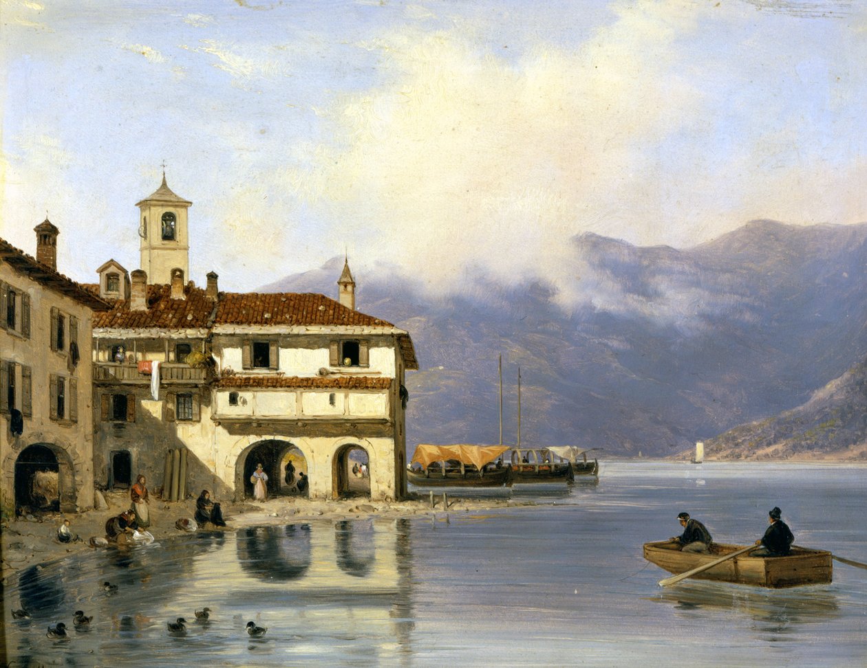 كومو. شاطئ وميناء ميناجيو (1850). الرسم بواسطة كانيلا. ميناجيو (كومو). بواسطة جوزيبي كانيلا