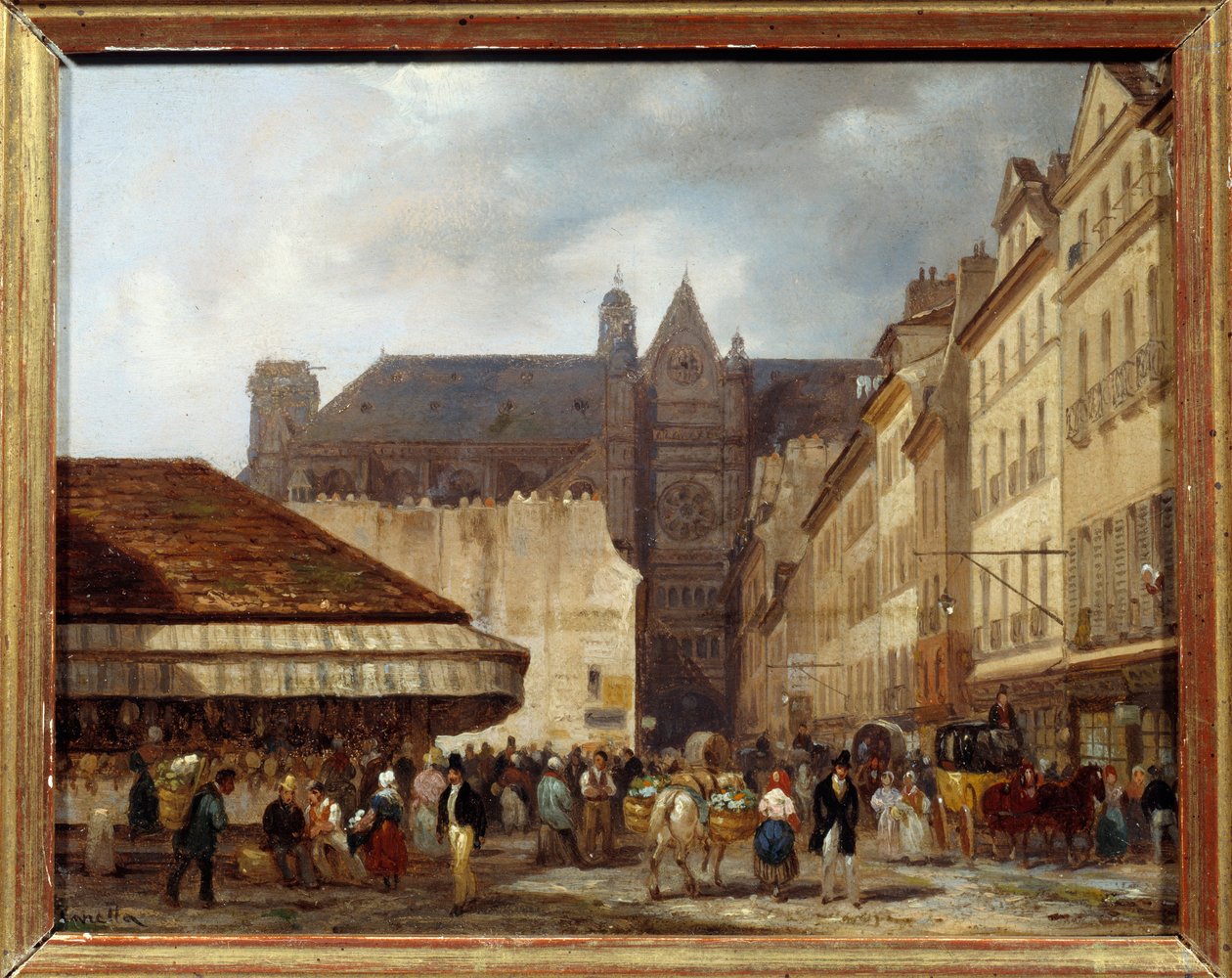 Rue des Prouvaires وكنيسة Saint Eustache (Quartier des Halles) في باريس. لوحة جوزيبي كانيلا (1788-1847) Ec.ital. بواسطة جوزيبي كانيلا