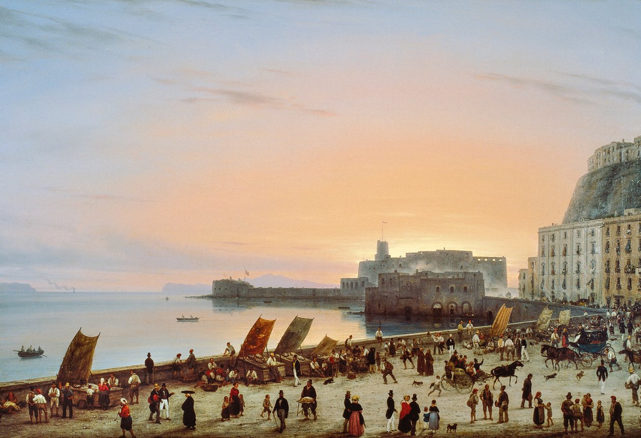 غروب الشمس على الواجهة البحرية في نابولي ، حوالي عام 1838 ، بواسطة جوزيبي كانيلا (1788-1847) ، زيت على قماش ، 90 × 135 سم بواسطة جوزيبي كانيلا
