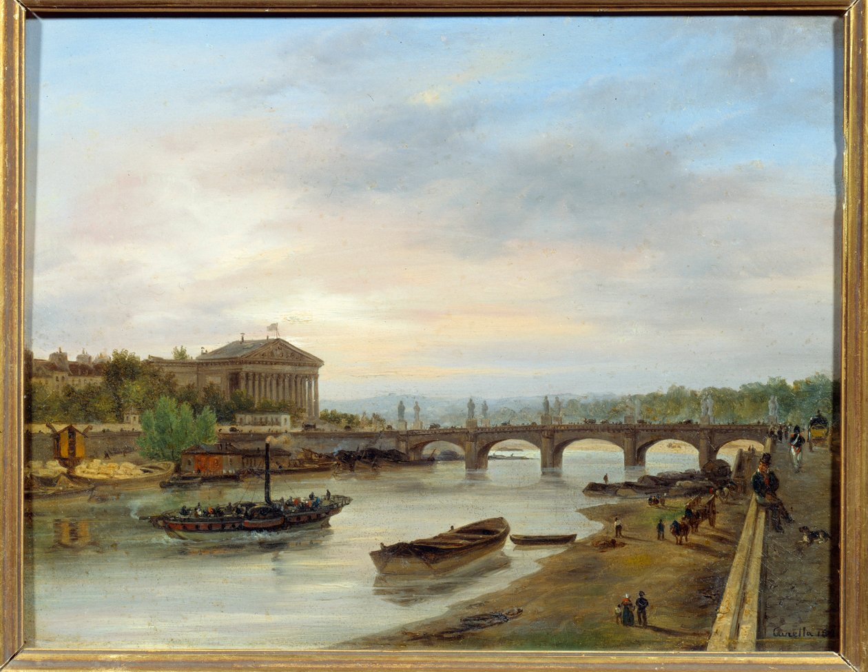 قصر بوربون وجسر لويس السادس عشر (بونت دي لا كونكورد) يُرى من Quai des Tuileries في باريس. لوحة جوزيبي كانيلا (1788-1847) EC.ITAL. بواسطة جوزيبي كانيلا