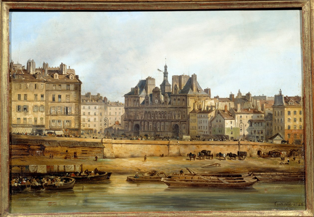 قاعة المدينة و Place de Greve يُرى من Ile de la Cite في باريس. لوحة جوزيبي كانيلا (1788-1847) EC.ITAL. بواسطة جوزيبي كانيلا