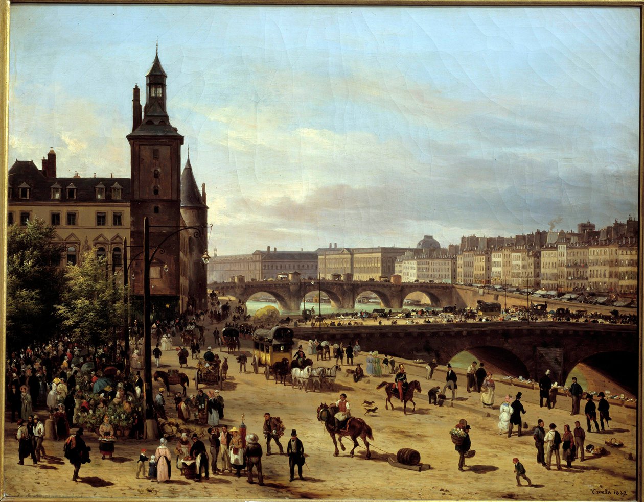 منظر لممشى الزهور ، وبرج الساعة ، و Pont au Change و Pont-Neuf في باريس لوحة رسمها Giuseppe Canella l'Ain (1788-1847) 1832 Sun. 0،52 × 0،66 م باريس ، متحف كارنافاليت بواسطة جوزيبي كانيلا