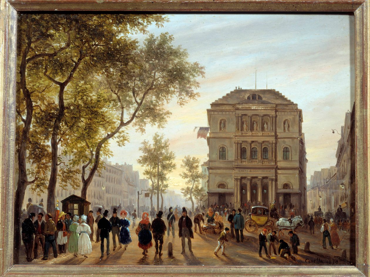 منظر لمسرح أمبيغو الهزلي et du boulevard Saint-Martin لوحة رسمها جوزيبي كانيلا (1788-1847) 1830 صن. 0.14x0.18 م باريس ، متحف كارنافالي بواسطة جوزيبي كانيلا