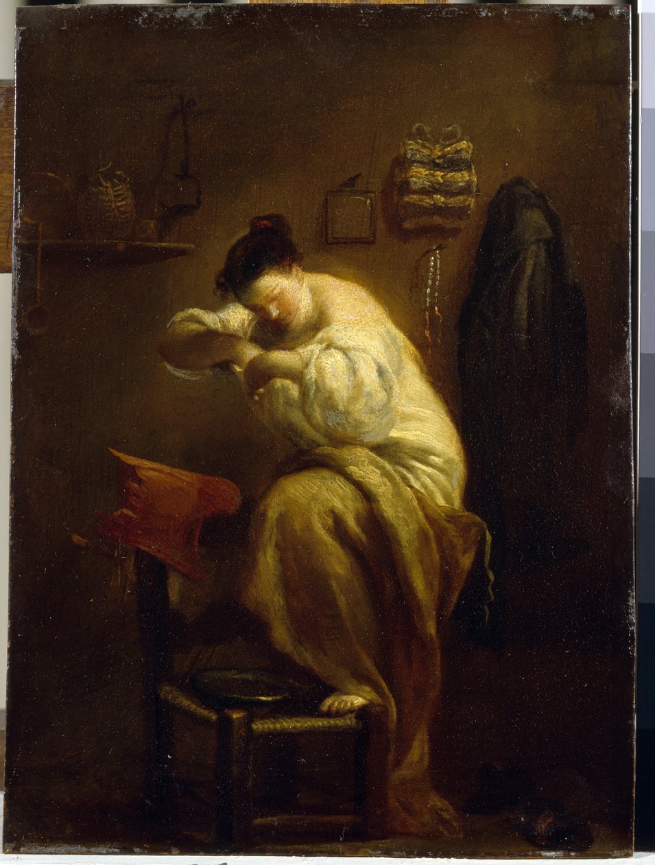 امرأة تبحث عن البراغيث. (امرأة تبحث عن البراغيث). لوحة جوزيبي ماريا كريسبي (1665-1747) ، زيت على قماش ، حوالي عام 1710. الفن الإيطالي (بولونيا) بواسطة جوزيبي ماريا كريسبي