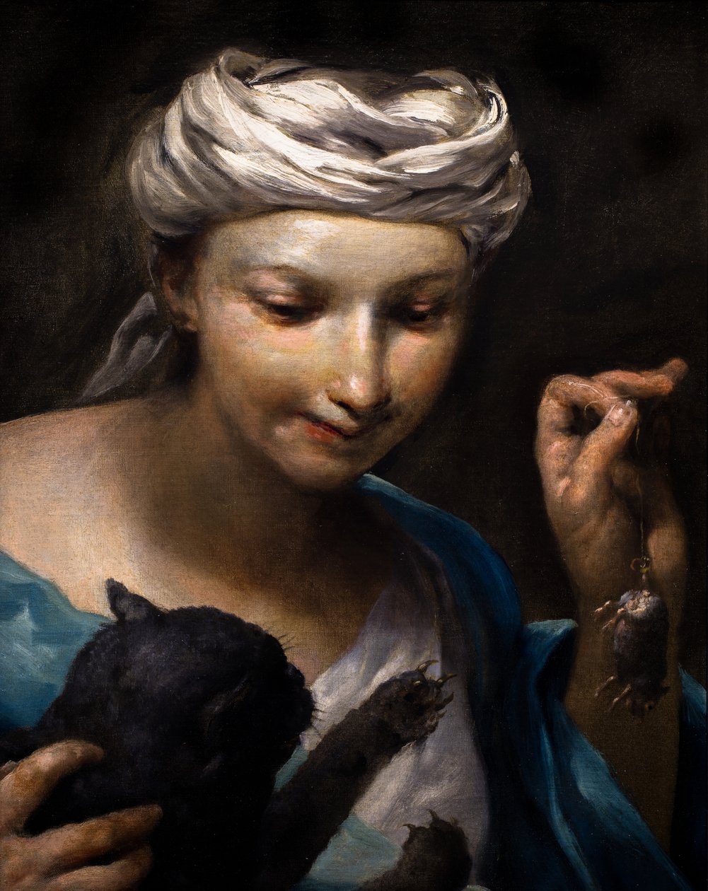 فتاة صغيرة تلعب مع قطة وفأر ميت (التفاصيل) بواسطة جوزيبي ماريا (1665-1747) كريسبي