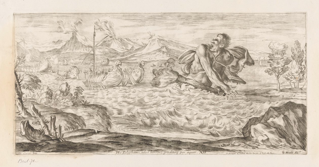 Polyphemus achtervolgt de vloot van Aeneas هنا Polyphemus موجود ، بشع ، يخطو عبر السهل (العنوان على الشيء) Omzwervingen van Aeneas (عنوان المسلسل) لوحة L