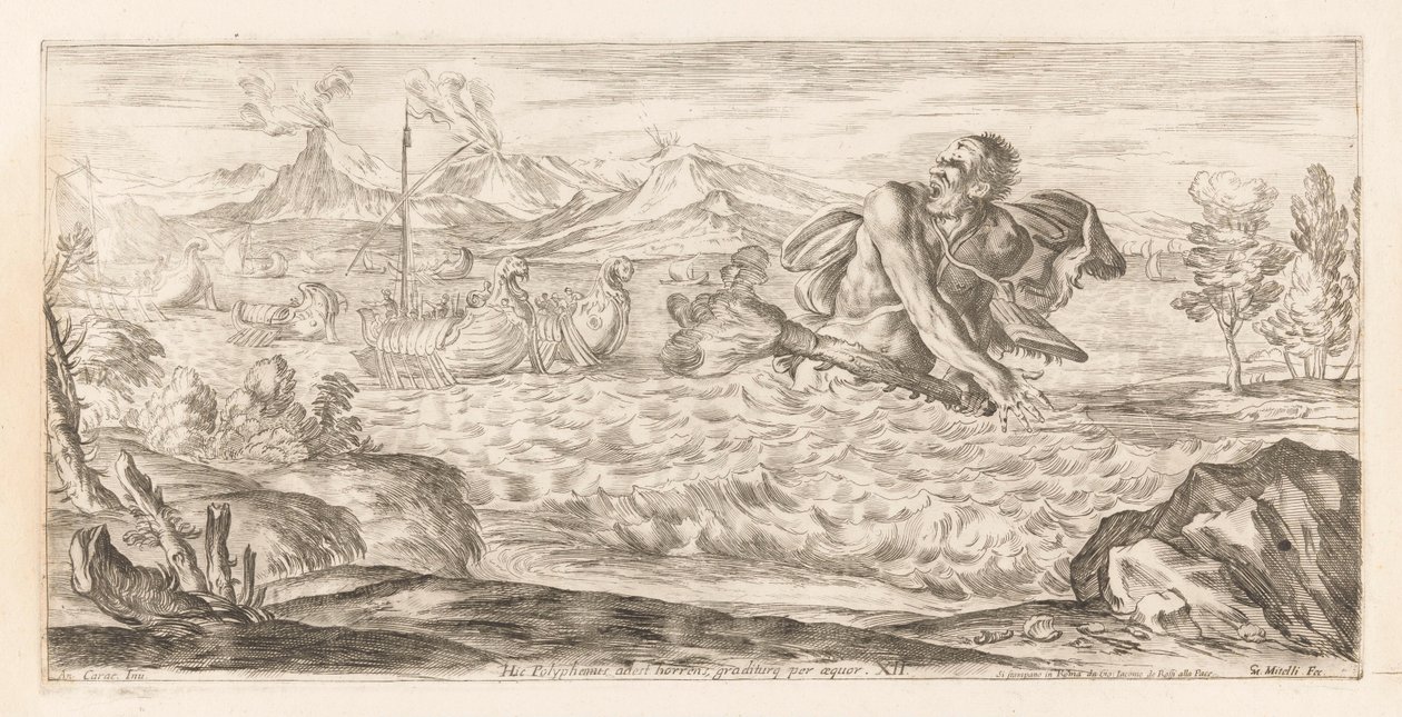 Polyphemus achtervolgt de vloot van Aeneas هنا Polyphemus موجود ، بشع ، يخطو عبر السهل (العنوان على الشيء) Omzwervingen van Aeneas (عنوان المسلسل) لوحة L