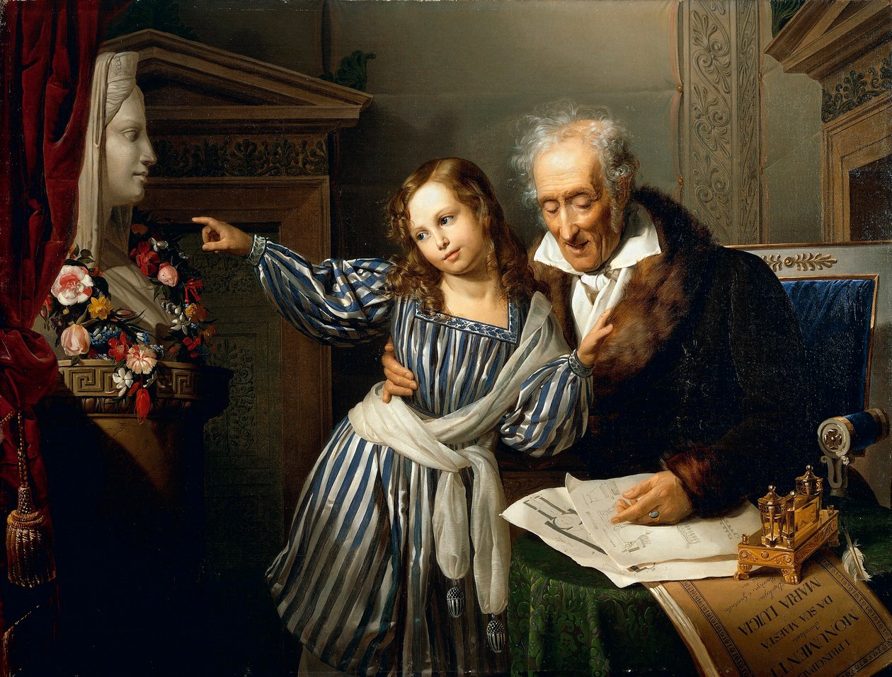 رجل عجوز يشير إلى هيرم ماريا لويجيا إلى حفيدته ، بقلم جوزيبي مولتيني ، حوالي عام 1830 ، زيت على قماش بواسطة جوزيبي مولتيني