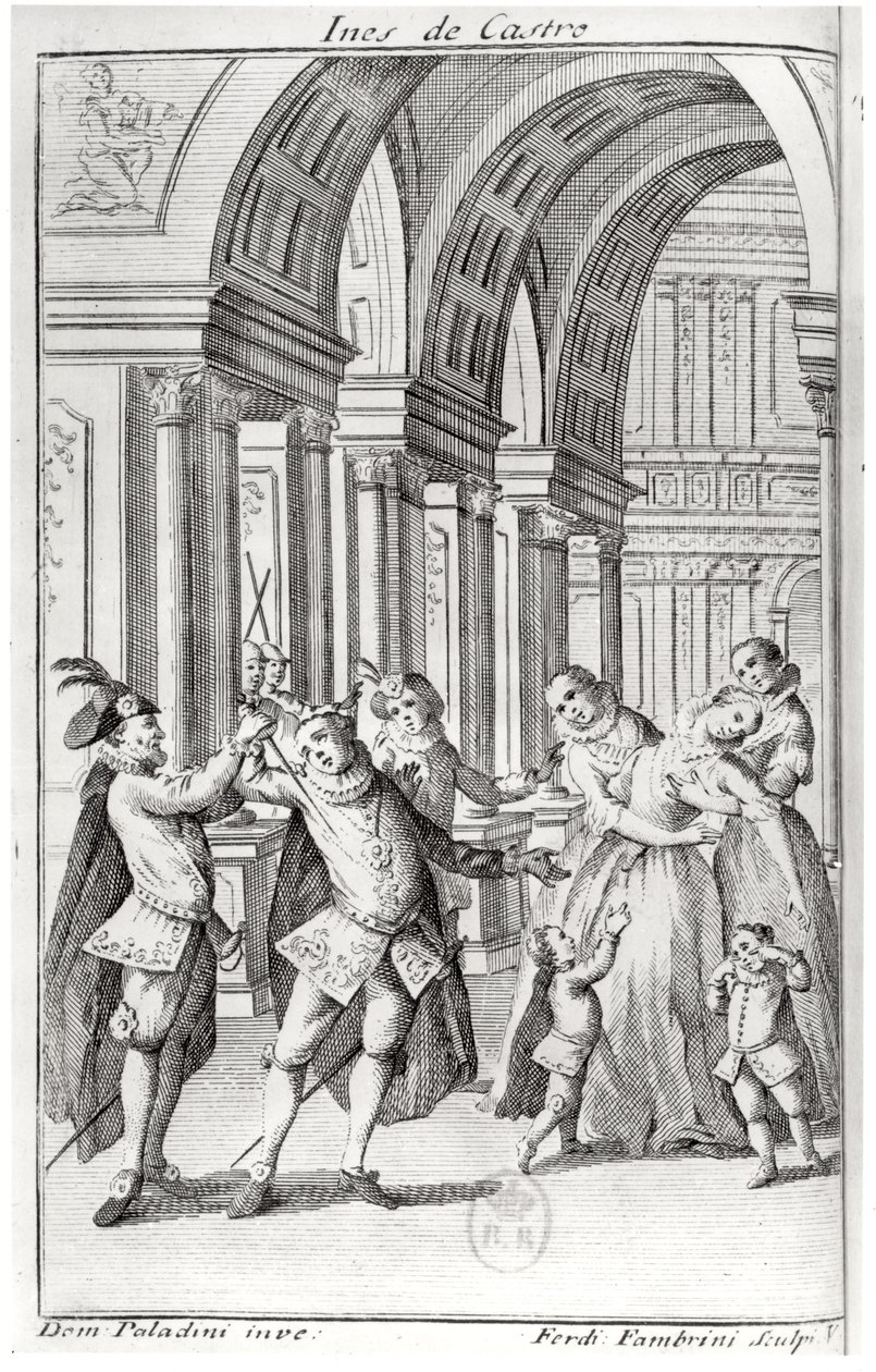 رسم توضيحي من واجهة "إيناس دي كاسترو" لأنتوان هودار دي لا موت (1672-1731) منقوش بواسطة فرديناندو فامبريني بواسطة جوزيبي بالاديني