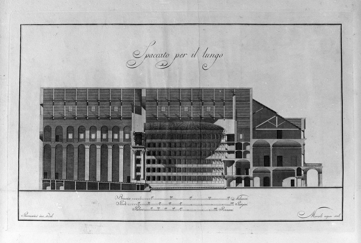 كأس معماري لمسرح لا سكالا لجوزيبي بيرماريني (1734-1808) كاليفورنيا. 1776-1778 ميلان إيطاليا (رسم معماري للمسرح آلا سكالا بواسطة بيرماريني ، ميلان ، إيطاليا) نقش بواسطة جوزيبي بيرماريني