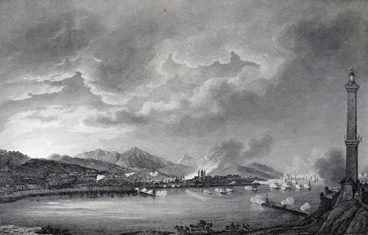 جنوة تتعرض للقصف من قبل الأسطول الإنجليزي ، 25 مايو 1800 ، نقش على الفولاذ من رسم جوزيبي بيترو باجيتي (1764-1831) ، باريس بواسطة جوزيبي بيترو باجيتي