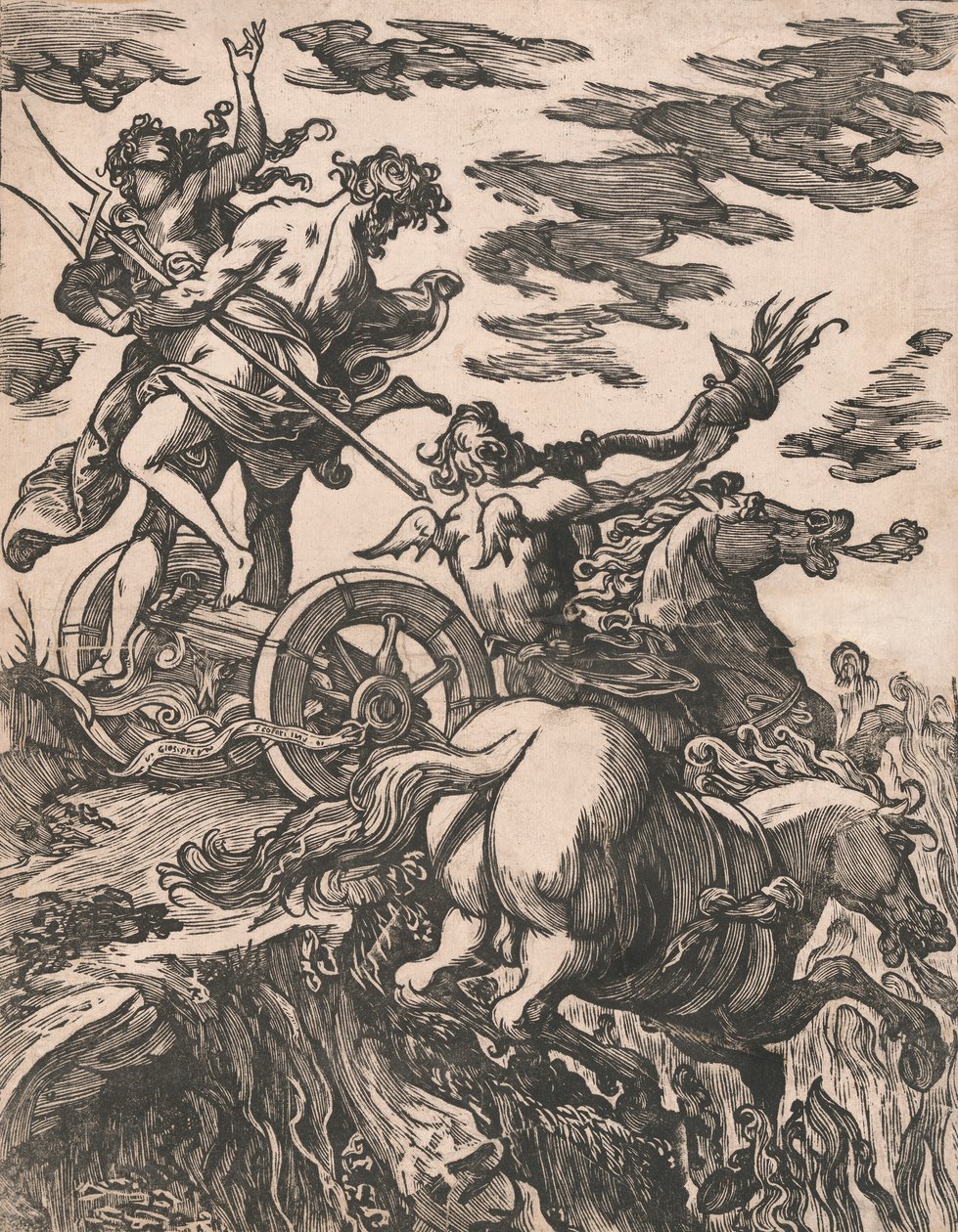 اغتصاب بيرسيفوني مع بلوتو على ظهور الخيل على اليمين ، 1590-1607. بواسطة جوزيبي سكولاري