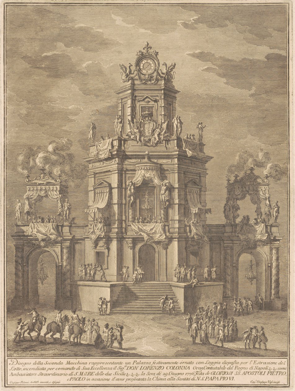 The Seconda Macchina للصين عام 1776: قصر به لوجيا لسحب اليانصيب بواسطة جوزيبي فاسي ، بعد جوزيبي بالازي