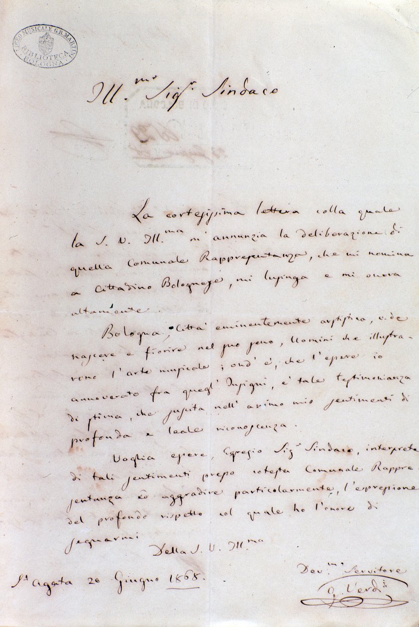 Handwritten letter of Giuseppe Verdi to Bologna mayor when he became honorary citizen, June 20 بواسطة جوزيبي فيردي
