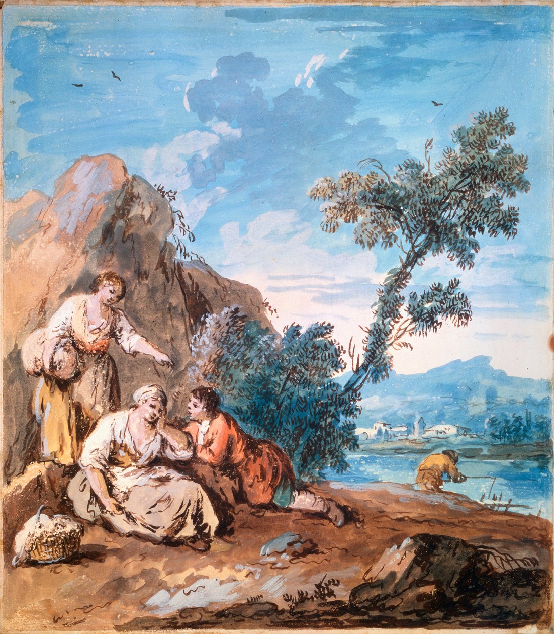 ثلاثة فلاحين يستريحون على ضفة النهر ، c1750. بواسطة جوزيبي زيس