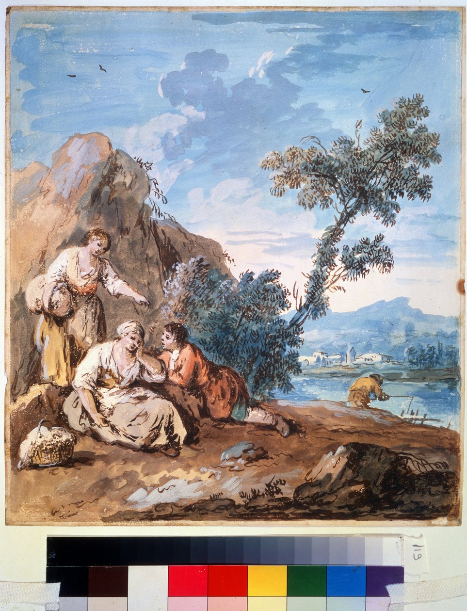 ثلاثة فلاحين يستريحون على ضفة نهر. لوحة جوزيبي زايس (1709-1784). لوحة مائية على ورق ، 29.5 × 26.2 سم ، حوالي عام 1750. مدرسة البندقية ، رسم إيطالي من القرن الثامن عشر. متحف الفنون الجميلة بوشكين ، بواسطة جوزيبي زيس